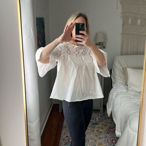 Chicwish Floral Crochet Panel Dolly Top with Bell Sleeves White Size‎ M - Picture 3 of 6